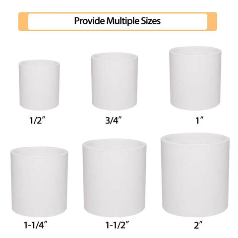 Various sizes of PVC pipe fittings, including 5 Pack 2 Inch PVC Pipe Fittings Coupling Socket To Socket Schedule 40 White Slip Connection Adapter