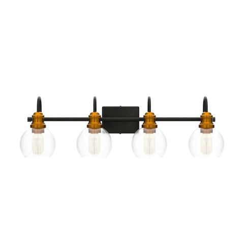 4 Light Modern Farmhouse Vanity Light Fixture In Black With Oil Rubbed Bronze Finish And Clear Globe Glass Shades 29.5 Inch Bar Design