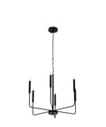 Rustic Matte Black 6 Light Candle Chandelier, industrial style, hanging view, suited for dining room and kitchen island