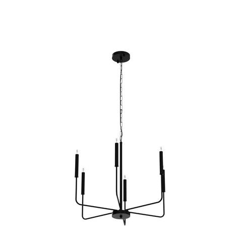 Rustic Matte Black 6 Light Candle Chandelier, industrial style, hanging view, suited for dining room and kitchen island