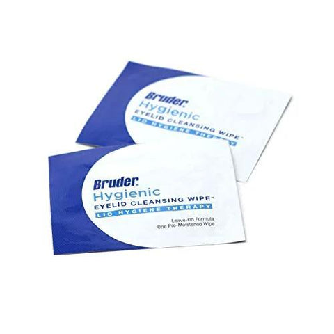 Bruder Hygienic Eyelid Cleansing Wipes sachets, blue and white, front view with two packets