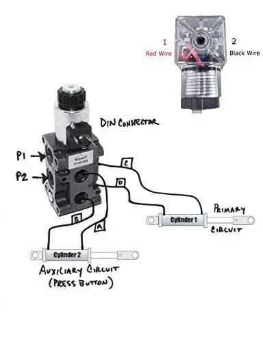 Hydraulic Multiplier Selector Diverter Valve With Joystick Handle diagram showing wiring connections for grapples, 13 GPM flow control.