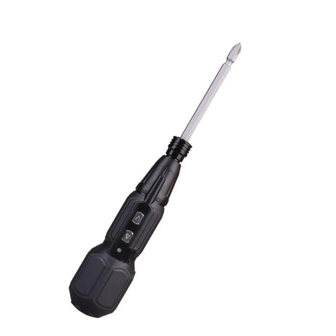 Cordless 3.6V Electric Screwdriver Set With LED Lamp, black handle, visible buttons, long metal tip, ideal for DIY projects.