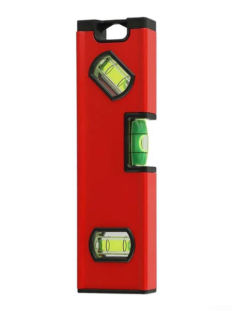 Portable Aluminum for spirit Level with V-Groove Design for Pipe in red color featuring clear cylindrical vials.