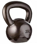 Rock Solid Cast Iron Kettlebell Thirty Five Lb Weight With Wide Comfort Grip, solid black finish, ideal for strength training.