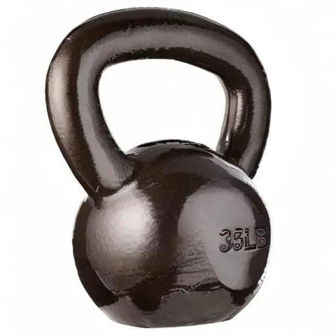 Rock Solid Cast Iron Kettlebell Thirty Five Lb Weight With Wide Comfort Grip, solid black finish, ideal for strength training.