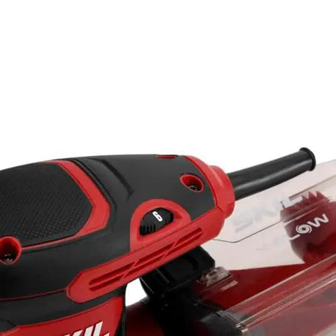 Close-up of 5 Inch Random Orbital Sander With Cyclonic Dust Box And 3 Piece Sanding Sheet Set, 2.8 Amp Motor, Easy Empty Dust Canister