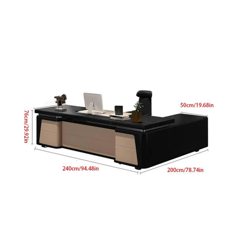 Modern Executive Computer Desk With Built In Storage Cabinet, Grind Ready Home Office Workstation, Boss Approved Writing Table Designed For The Daily Hustle And Smart Organization, 240x200x76 cm size, black and beige.