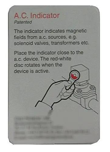 Instruction card for Rotation Tester And AC Detector For Circulating Pumps And Solenoid Valves A Handy No Brainer Direction Indicator And Magnetic Field Detector For HVAC And Electrical Maintenance showing AC indicator usage.