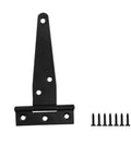 Heavy Duty Black T Shape Iron Hinge with screws, part of Five In One Set for Gate Shed Barn Door Cabinet Easy Mount Rugged Steel