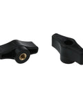 Two black nylon wing bolts, part of Six Pack 1/4-20 Threaded Thru Nuts For T-Track Clamping Fixtures for secure jigs.