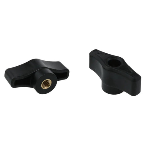 Two black nylon wing bolts, part of Six Pack 1/4-20 Threaded Thru Nuts For T-Track Clamping Fixtures for secure jigs.