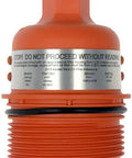 Patented Beefed Up Aluminum Engine Oil Filter Housing with Oil Cooler, visible orange cap and warning label for Chrysler Dodge Jeep Ram