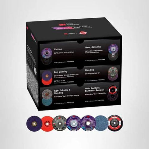 3M Grind Less Weld More kit box with 16 4-1/2 in abrasive discs; welding/grinding set, front view