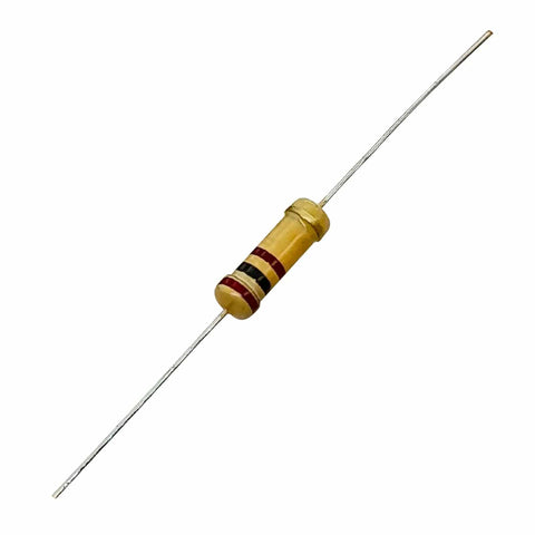 Close-up of single resistor from 56 Value 1W Carbon Film Resistor Kit For DIY Electronics Projects, featuring thick metal pins.