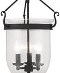 Jefferson 3 Light Ceiling Mount in black finish with clear seeded glass, classic traditional style, durable steel for living room or hallway.