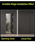 3 Pack Adjustable 180 Degree Silent Concealed Hinges In Black For Wooden Folding And Invisible Doors Hidden Cross Hinges 7 X 1.1 In 17.7 X 2.8 Cm Sleek Quiet Easy Fit Door Hardware Solution installed showing open and closed states.