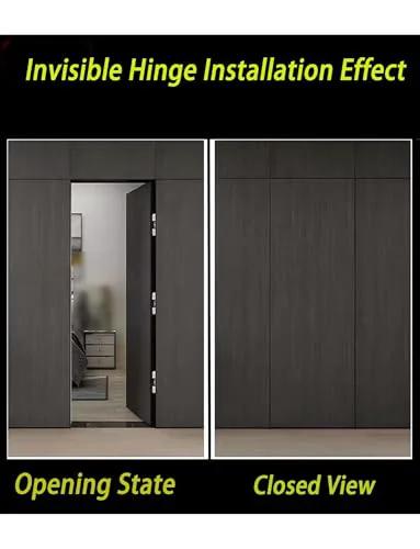 3 Pack Adjustable 180 Degree Silent Concealed Hinges In Black For Wooden Folding And Invisible Doors Hidden Cross Hinges 7 X 1.1 In 17.7 X 2.8 Cm Sleek Quiet Easy Fit Door Hardware Solution installed showing open and closed states.