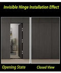Adjustable 180 Degree Silent Concealed Hinge For Wooden Folding Doors Dial-In Perfect Fit Every Time Zero Headache Quick Install Super Smooth Swing Silver Hardware Single Pack displayed in opening and closed states.