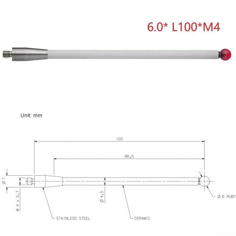 CMM touch probe stylus, side view, gray body with red ball tip, 100 mm length, M4 threaded end.