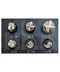 Shars six-piece 4-flute HSS center-cut end mill set in a black holder, sizes 1/8–1/2 in.