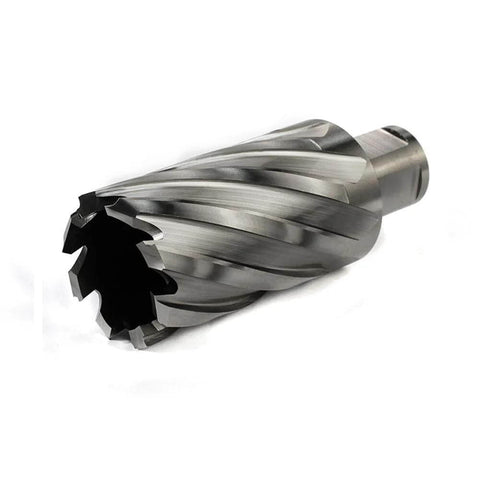 Annular cutter with Weldon shank; angled front view, 1-5/16 in diameter, 2 in depth of cut for magnetic drill press.