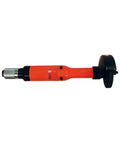 Totally Rock Solid Pneumatic Sander Built Tough For Heavy Duty Metal Fabrication grinding tool with orange body and metal head.