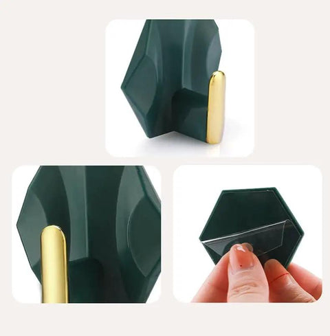 Sleek Adhesive Wall Hooks 4 Pack With Super Tough Grip Tape for catching jackets bags and keys, focus on adhesive backing.