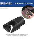 Dremel 675 SharpenER sharpening attachment in black plastic; front view for sharpening garden tools