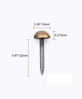 20-Piece Pack Antique Brass Upholstery Tacks showing size dimensions and details of threaded steel bodies for DIY projects.