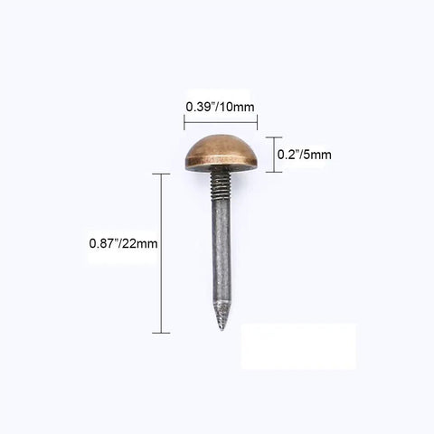 20-Piece Pack Antique Brass Upholstery Tacks showing size dimensions and details of threaded steel bodies for DIY projects.