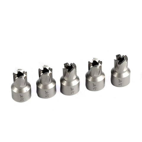 Spot Weld Cutter Set 5 Pack 3/8 Inch HSS Blades For Ripping Welds And Drilling Holes In Metal Sheets displayed in a row