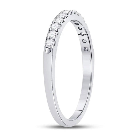 Elevated 14k White Gold Womens Diamond Wedding Band With 1/4 Carat Total Weight Natural Round Prong Set Stones In Size 7 side view of ring with sparkling stones