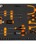 Heavy Duty Black 7 Drawer Rolling Tool Cabinet With Full 207 Piece SAE Mechanic Tool Set Built Damn Tough For Shop Life And Super Smooth Rolling Casters with assorted tools on a black tray.