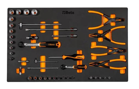 Heavy Duty Black 7 Drawer Rolling Tool Cabinet With Full 207 Piece SAE Mechanic Tool Set Built Damn Tough For Shop Life And Super Smooth Rolling Casters with assorted tools on a black tray.