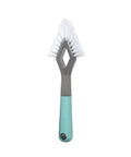 Heavy Duty Tile And Grout Scrub Brush With Angled Tip For Grout Joints, nonslip comfort grip handle, gray and aqua design
