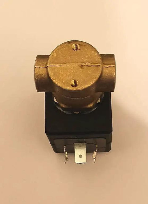High Tech 12 Volt Electric Valve For Fresh Water On Boats Slick Fluid Shutoff Heavy Duty Brass Housing Quarter Inch Fittings 5 Bar Limit Smooth Operator For Marine Transfer Pumps And Rig Boatlife - Top view showing brass body and electrical connections.