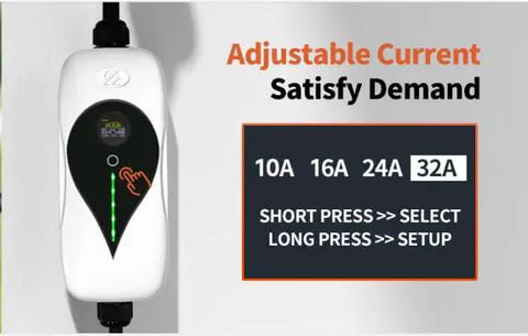 SAE J1772 Portable Level 2 EV Charger 32 Amp 90 To 260 Volt 7 KW Wall Connector With NEMA 10 30 Plug showing adjustable current settings and instructions.