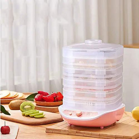 Slick Digital Food Dehydrator Featuring Five Stackable Trays Adjustable Heat Control Plus Solid Forty Eight Hour Timer with fruits on display.