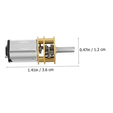 Side view of 6 Pack Micro Metal Gear Motors With Mini Gear Reducer, showing dimensions, metal gears, and output shaft details.
