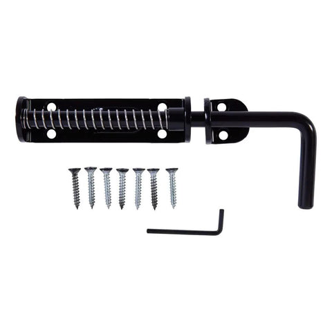Heavy Duty Spring Loaded Sliding Door Bolt Lock Built Like An Absolute Tank Steel Gate Latch with screws and wrench for easy installation.