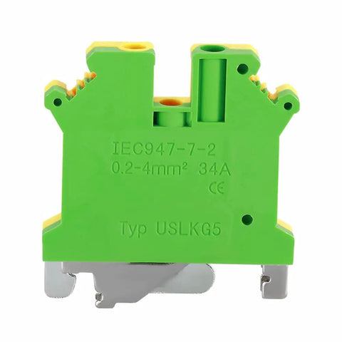 Ten Pack DIN Rail Ground Terminal Block With Screw Clamp Connectors For Industrial Control Panels, 690V 34A, Nylon PA66 Housing