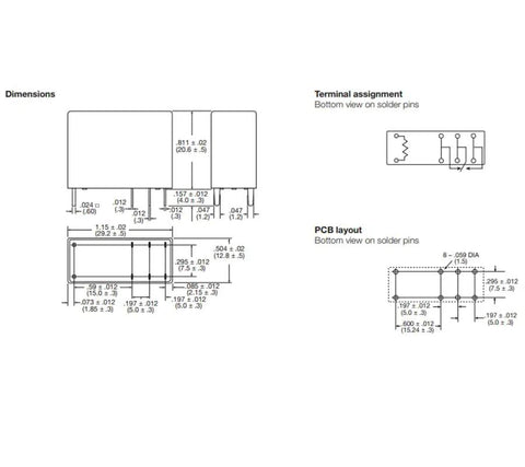 Technical drawing of General Purpose 12V DC Relay, 16A SPDT, 8 Pin Design for Electronics Projects with dimensions and PCB layout.