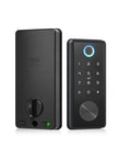 Slick Smart Lock Electronic Deadbolt with App Key Digital Entry, black zinc alloy, displaying keypad and mechanical key option.