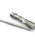 HSS annular cutter and 3/4 in Weldon shank drill bit, angled front view; 5/8 in cutter diameter, 2 in depth.