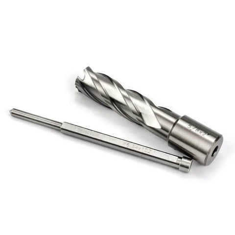 HSS annular cutter and 3/4 in Weldon shank drill bit, angled front view; 5/8 in cutter diameter, 2 in depth.