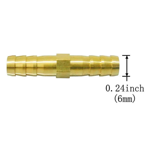 Three Piece Brass Hose Barb Splicer Mender Kit With Six Stainless Steel Pipe Clamps For Water Fuel And Air One Quarter Inch Barb Fittings