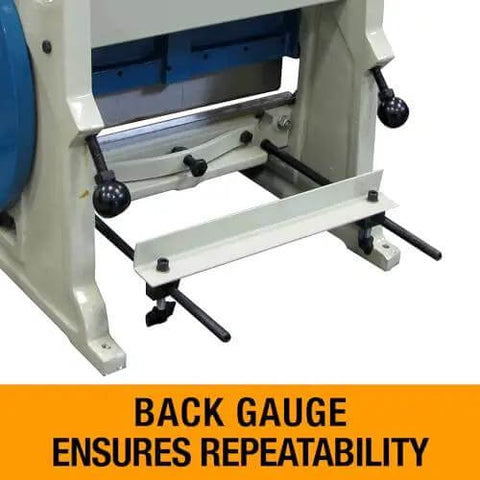 Close-up of back gauge on a 12 Inch Shear Brake Roll For 20 Gauge Mild Steel With 6 Grooves, ensuring repeatability in projects.