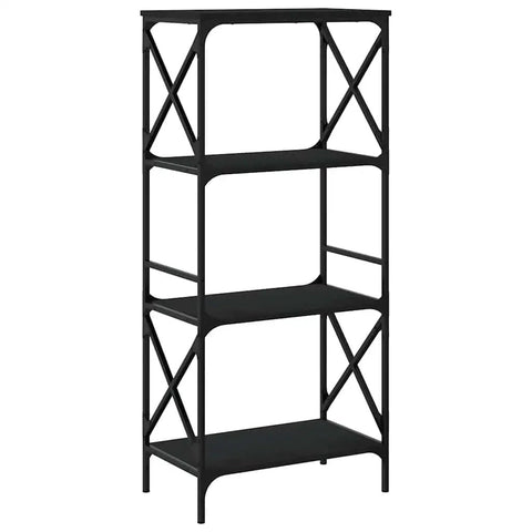 Dope 4 Tier Industrial Bookcase Black With Engineered Wood And Metal Frame, side angle, four open shelves, modern loft style