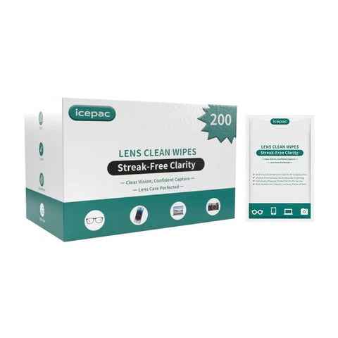 Front view of Icepac Lens Wipes box with 200 moistened wipes and a separate wipe packet.